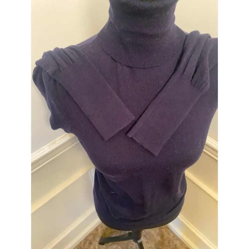 Vintage Ralph Lauren Navy Blue Merino Wool Blend Turtleneck Sweater Ribbed Cuffs